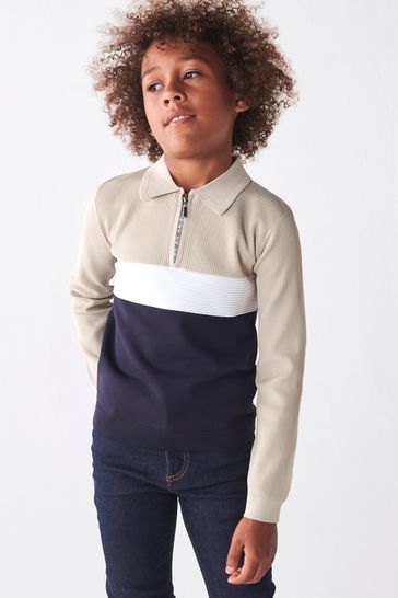 River Island Blue Boys Blocked Stitch Polo Jumper