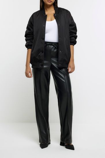 River Island Black Faux Leather Elasticated Waist Wide Leg Trousers