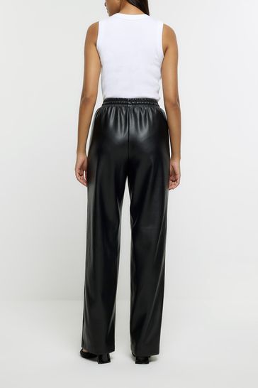 Buy River Island Black Faux Leather Elasticated Waist Wide Leg
