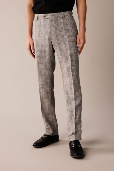 Neutral Tailored Fit Linen Check Suit: Trousers