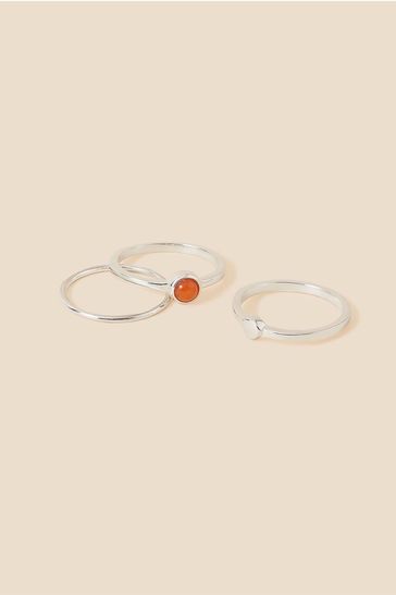 Accessorize Red Recycled Sterling Silver Carnelian Rings Set of Three