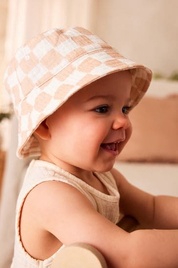 Neutral Checkerboard Reversible Baby Bucket Hat (0mths-2yrs)
