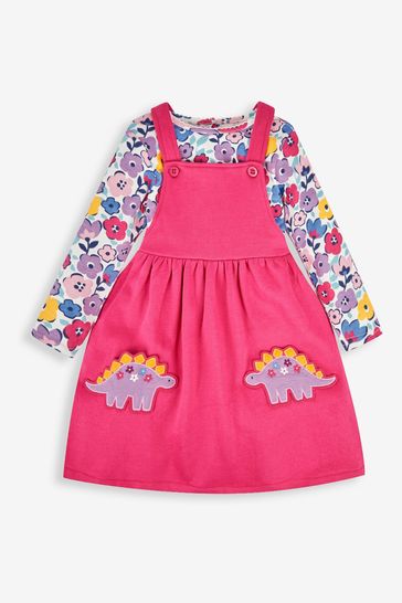 JoJo Maman Bébé Raspberry Pink Dino Girls' 2-Piece Appliqué Pinafore Dress & Top Set