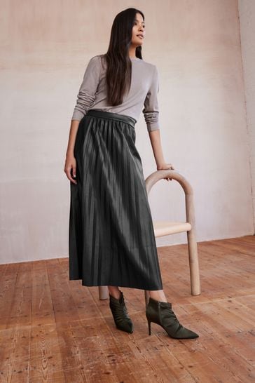 Buy Black PU Pleated Midi Skirt from Next Bahrain