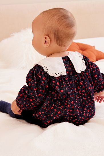 Buy Navy Embroided Flower Baby Woven Bloomer Romper with Tight Set