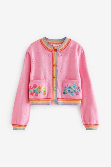 Little Bird by Jools Oliver Pink Floral Embroidered Pointelle Cardigan