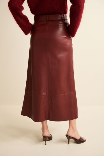 Dark Red PU Belted Midi Skirt