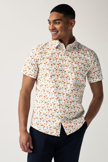 White/Multicoloured Cocktail Regular Fit Short Sleeve Printed Short Sleeve Shirt