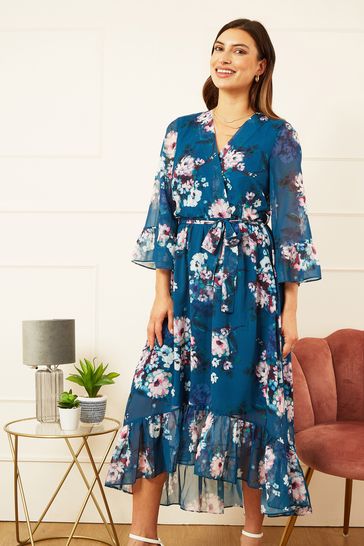 Yumi Blue Watercolour Floral Dip Hem Midi Dress