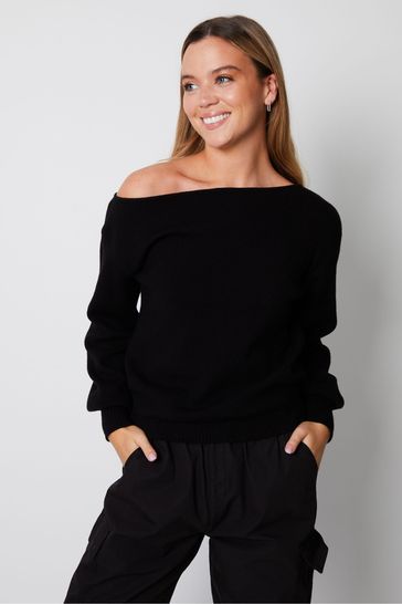 Threadbare Black Slash Neck Knitted Jumper