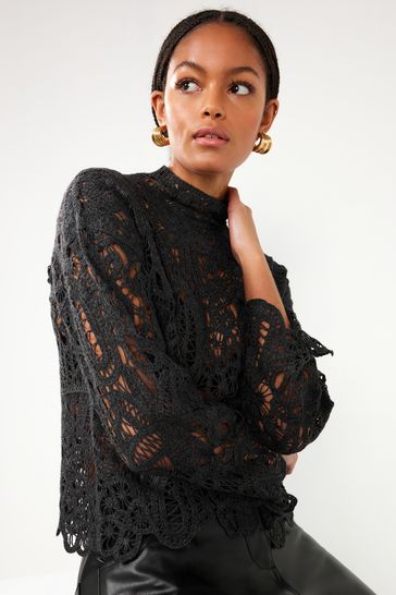 Charcoal Grey Crochet Knitted High Neck Jumper