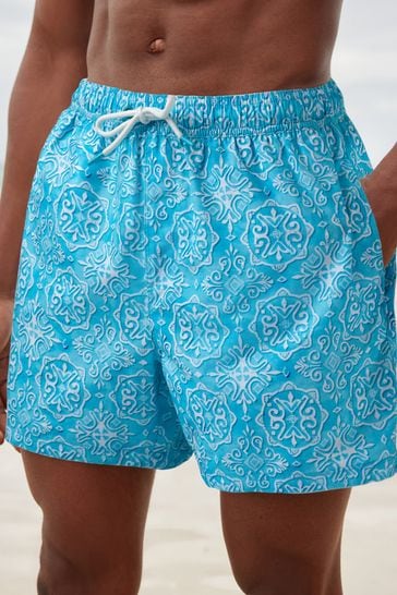 Turquoise Blue/White Mediterranean Tile Regular Fit Printed Swim Shorts
