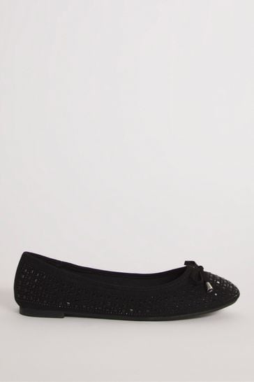 Simply Be Black Extra Wide Fit Heat Seal Embellished Ballerinas