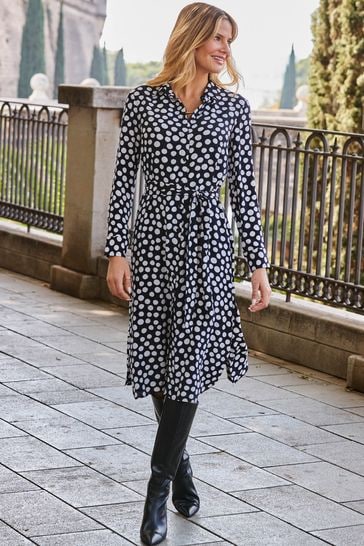 Black printed deals belted dress