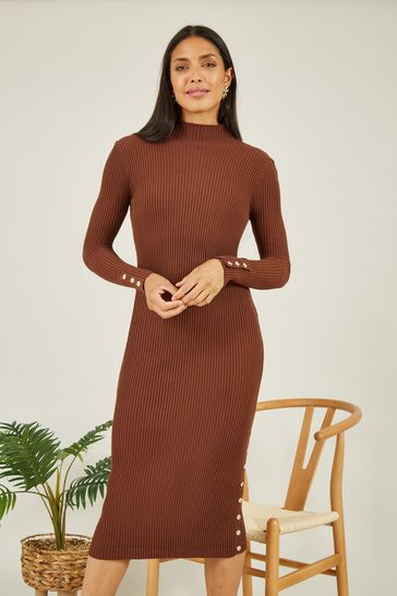 Mela Brown Knitted Fitted Midi Dress
