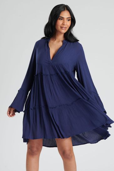 South Beach Blue Crinkle Viscose Pull Over Tiered Beach Dress