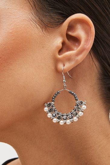 Buy Gun Metal Pearl and Sparkle Detail Circle Drop Earrings from
