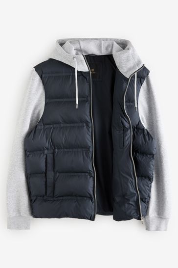 Blue Grey Jersey Sleeve Puffer Jacket