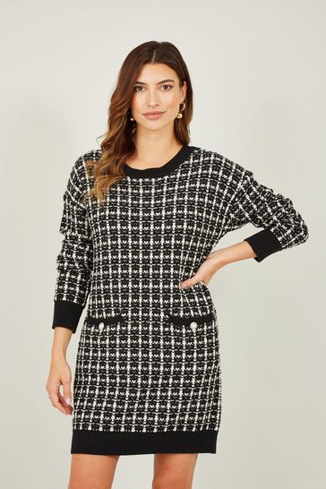 Yumi Black Checked Knitted Tunic Dress