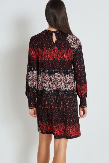 Buy Black and Red Ditsy Long Sleeve Ladder Detail Mini Dress from