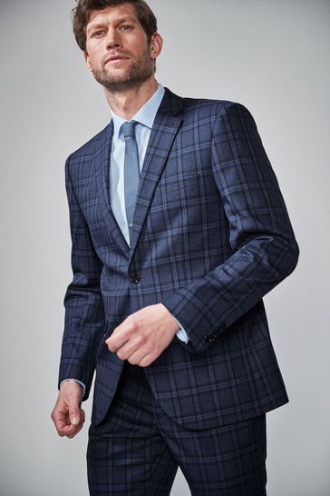 Blue Tailored Fit Check Suit Jacket