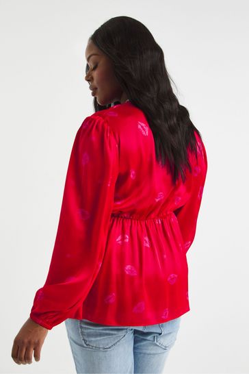 Buy Simply Be Red Lip Print Satin Wrap Top from Next Luxembourg