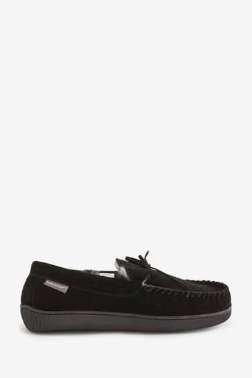 Dunlop Black Mens Real Suede Full Moccasin Slippers