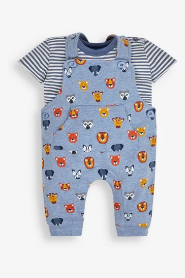 JoJo Maman Bébé Blue 2-Piece Safari Heads Print Dungarees & Top Set