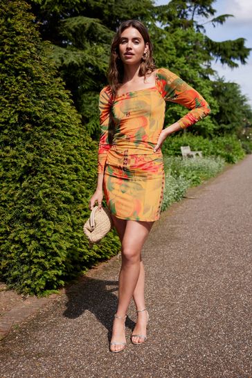 Yellow Tropical Print Kew Collection Ruched Mesh Square Neck Mini Dress