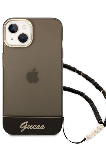 Guess iPhone 14 Plus Pc/Tpu Iml Double Layer Electroplated Camera Outline Translucent Black Case with Strap