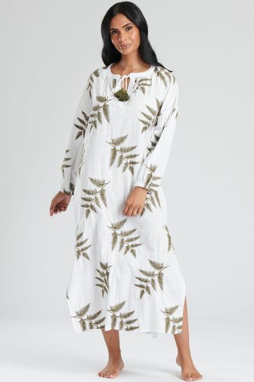 Buy South Beach White Longsleeve Tie Neck Beach Dress with Leaf