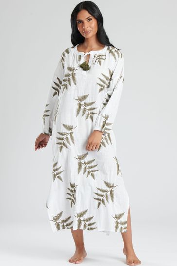 South Beach White Longsleeve Tie Neck Beach Dress with Leaf Embroidery