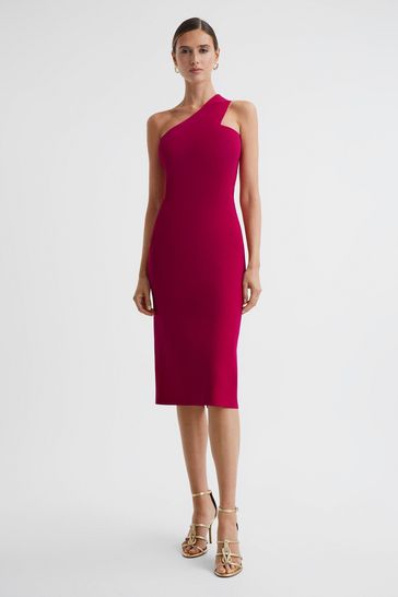 Reiss Pink Lola Knitted One Shoulder Bodycon Midi Dress
