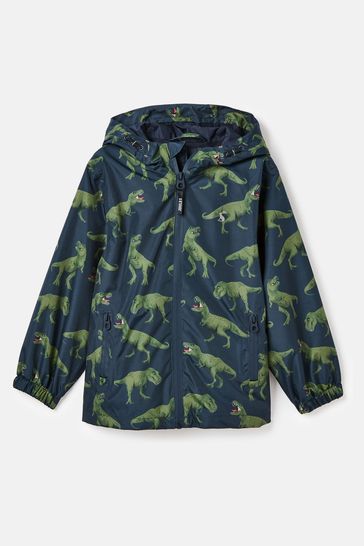 Joules Rainwell Navy Dinosaur Waterproof Packable Raincoat With Hood