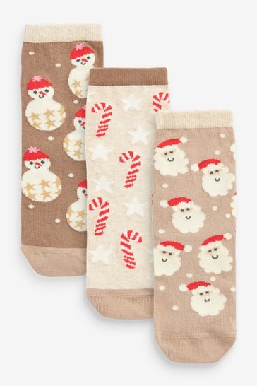 Neutral Cream 3 Pack Cotton Rich Christmas Character Ankle Socks