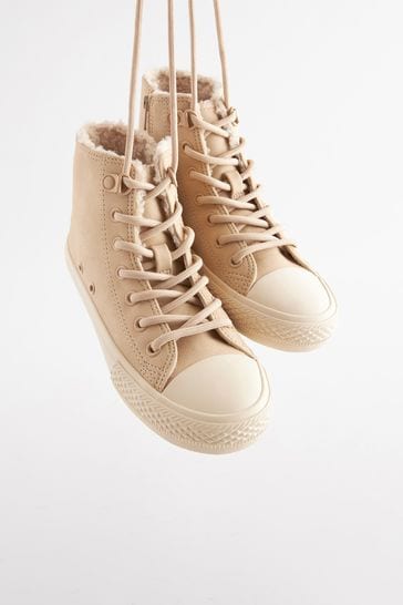 Neutral Brown Faux Fur Lined Standard Fit (F) Lace-Up High Top Trainers