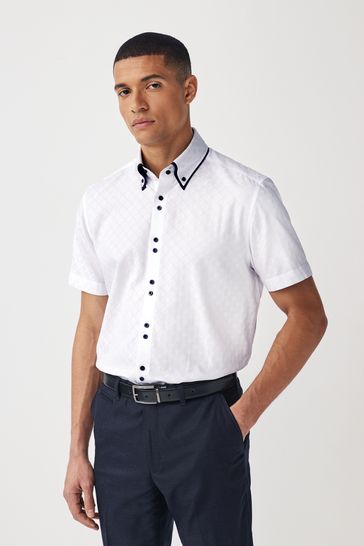 White Double Collar Regular Fit Trimmed Formal Short Sleeve Shirt