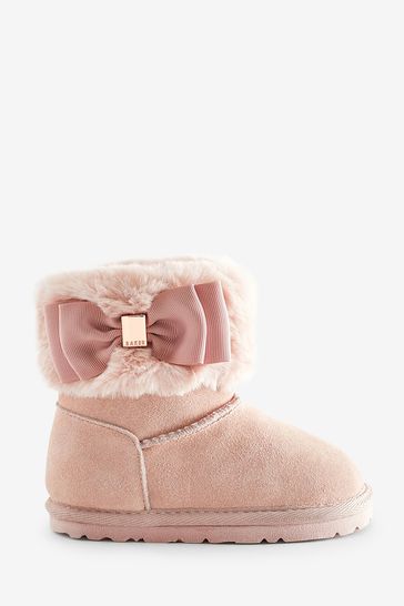 Baker by Ted Baker Girls Faux Fur Cuff Boot Slippers with Bow