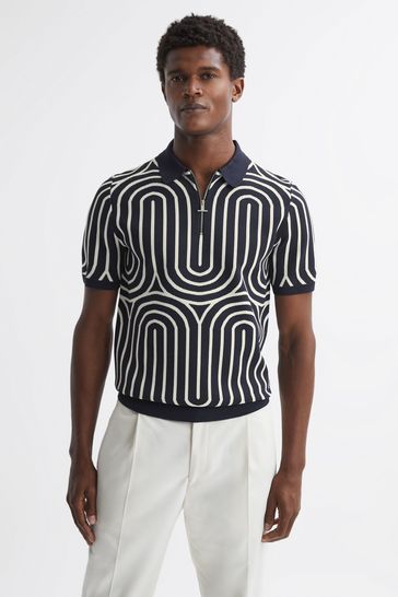 Reiss Navy/White Maycross Half-Zip Striped Polo T-Shirt