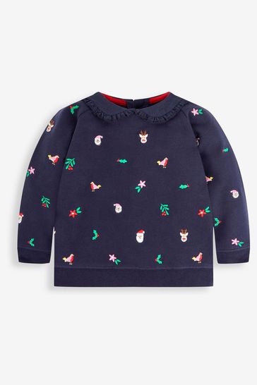 JoJo Maman Bébé Navy Girls' Christmas Embroidered Sweatshirt With Collar