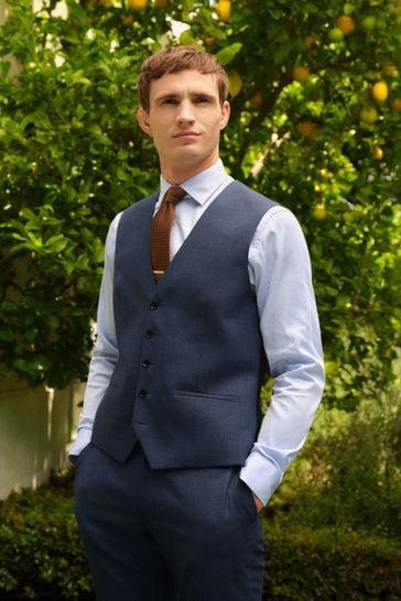 Blue Textured Wool Suit: Waistcoat