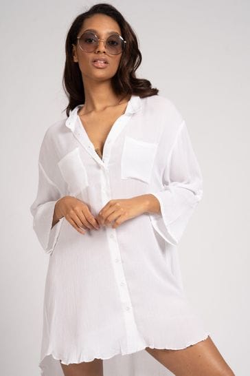 South Beach White Nehru Collar Double Pocket Beach Shirt