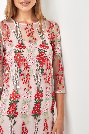red floral embroidered dress