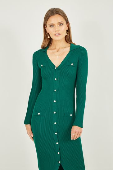 Buy Mela Green Knitted Fitted Midi Dress With Buttons from Next