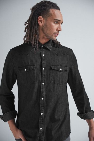 Black Western Denim Long Sleeve Shirt