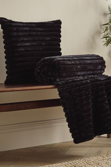 Catherine Lansfield Black Soft and Cosy Ribbed Faux Fur Cushion