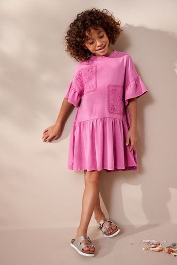 Pink Crochet Embellished Short Sleeve Jersey Dress (3-16yrs)