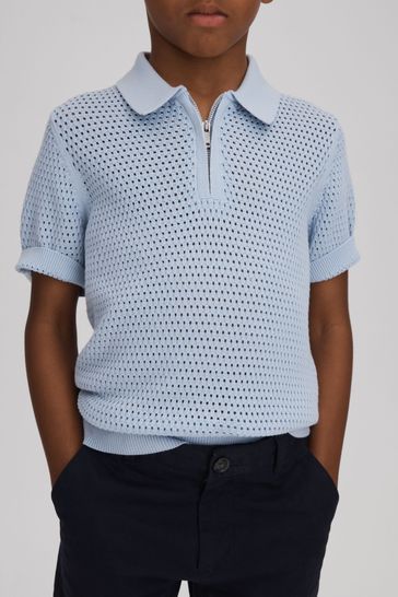 Reiss Soft Blue Burnham Junior Textured Half-Zip Polo T-Shirt