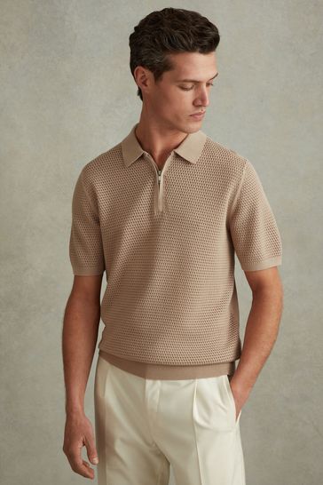 Reiss Taupe Burnham Cotton Blend Textured Half Zip Polo Shirt