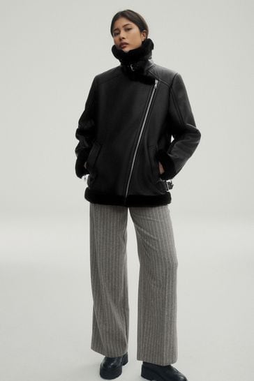 Black Real Leather Aviator Jacket